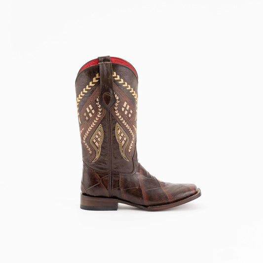 Women's Ferrini Jesse western boot in chocolate brown leather with alligator-print vamp, stitched shaft and square toe