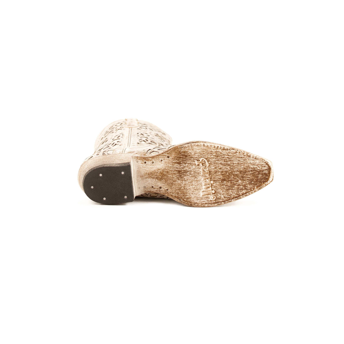 Women's Ferrini Mandala Leather Boots in distressed brown leather, shown from below with decorative cutout patterns and dark heel.