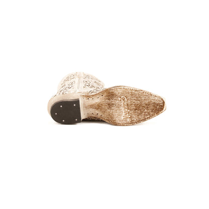 Women's Ferrini Mandala Leather Boots in distressed brown leather, shown from below with decorative cutout patterns and dark heel.