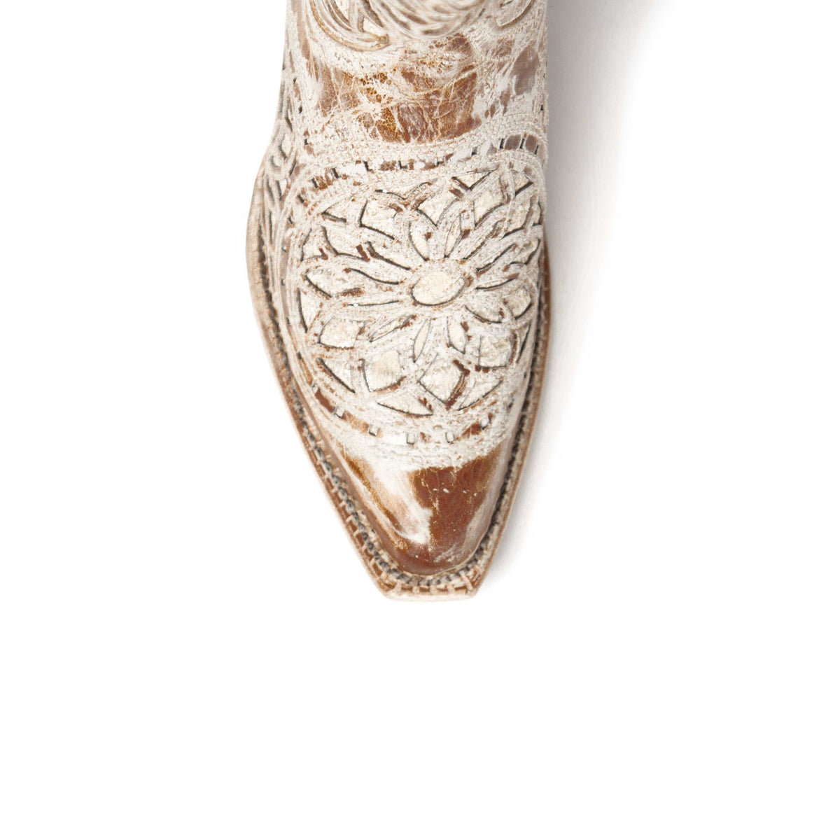 Women's Ferrini Mandala Leather Boots in distressed brown leather, featuring an ornate cream mandala pattern and snipped toe