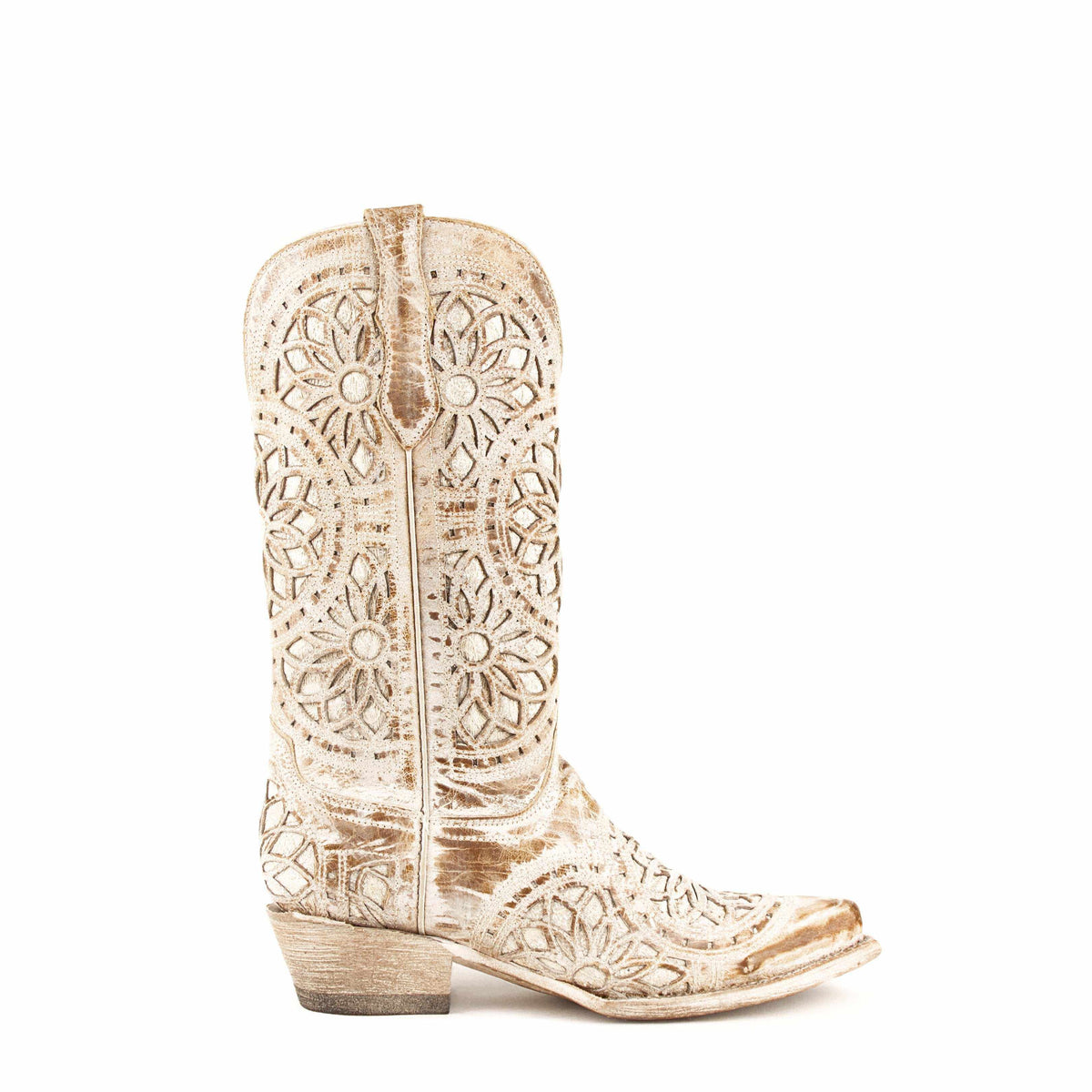 Women's Ferrini Mandala Leather Boots in distressed cream and tan leather, with intricate openwork mandala floral patterns and a cowboy heel.