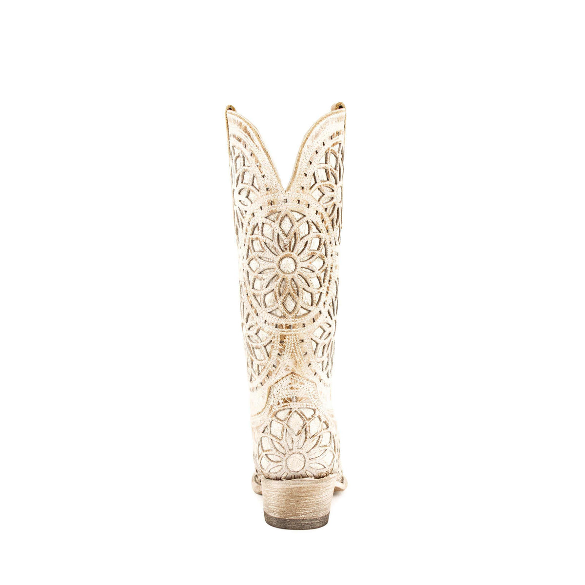 Women's Ferrini Mandala Leather Boots in pale distressed beige leather with intricate floral cutout patterns and stacked heels