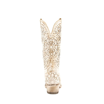 Women's Ferrini Mandala Leather Boots in pale distressed beige leather with intricate floral cutout patterns and stacked heels