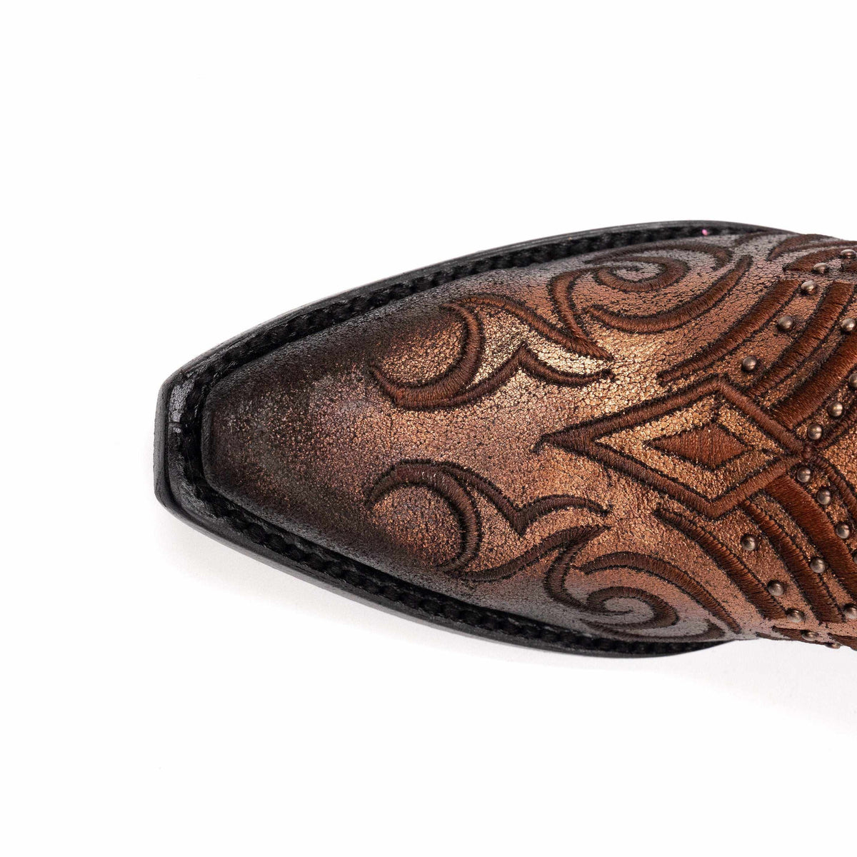 Women's Ferrini Masquerade Leather Boots in copper leather with ornate embossed scrollwork, diamond accents, and a snip toe
