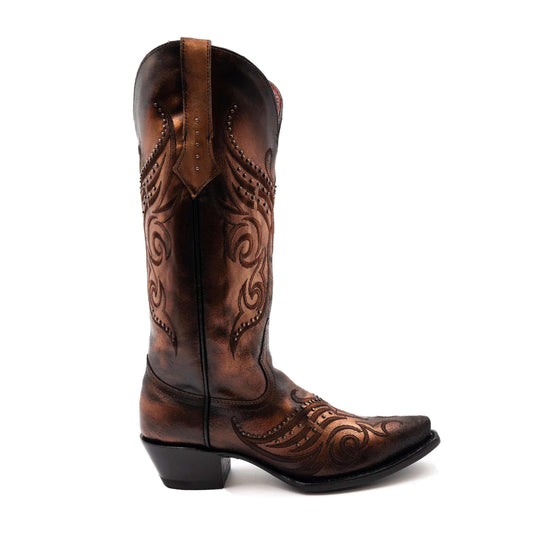 Women's Ferrini Masquerade Leather Boots in distressed copper brown leather with ornate stitched scrollwork and snip toes