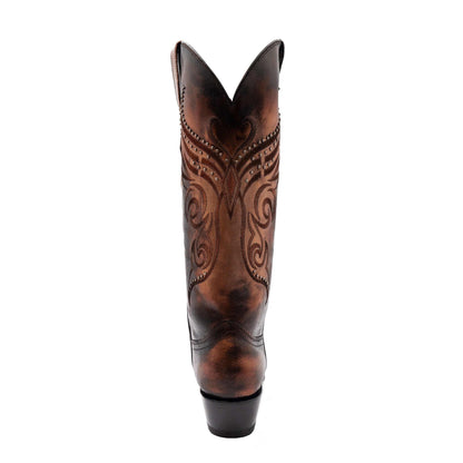 Women's Ferrini Masquerade Leather Boots in distressed copper-brown leather, with ornate stitched scrollwork and pointed snip toe