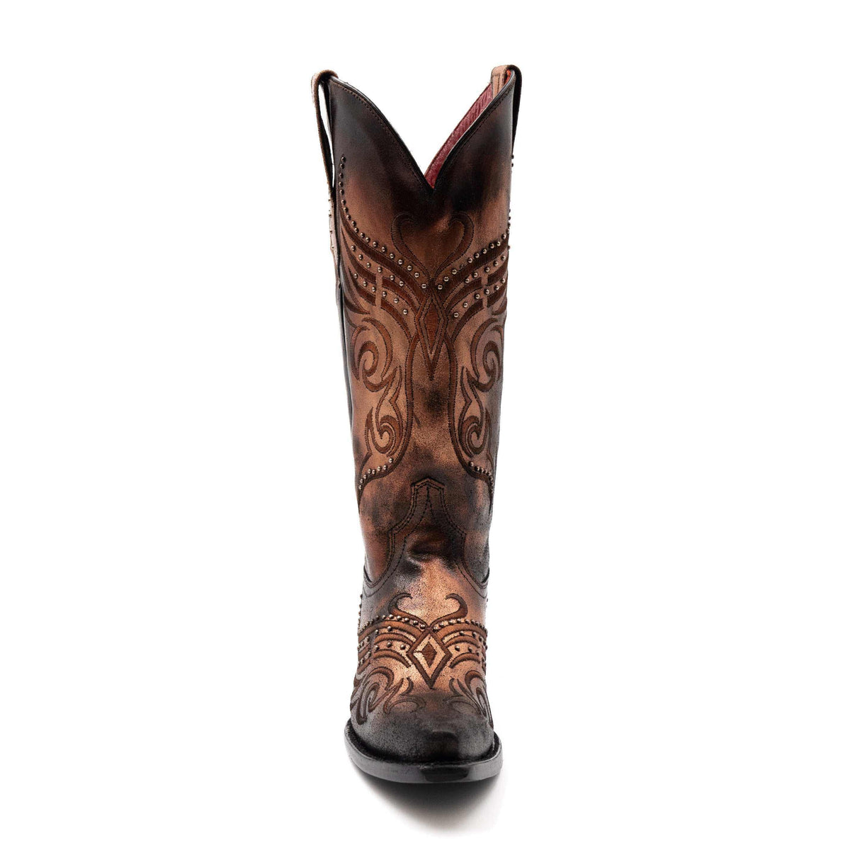 Women's Ferrini Masquerade Leather Boots in copper-brown leather with ornate stitched scrollwork and a snip toe