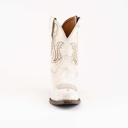 Women's Ferrini Molly Leather Booties in white leather with tan stitched Western embroidery, pointed scalloped shaft and brown sole