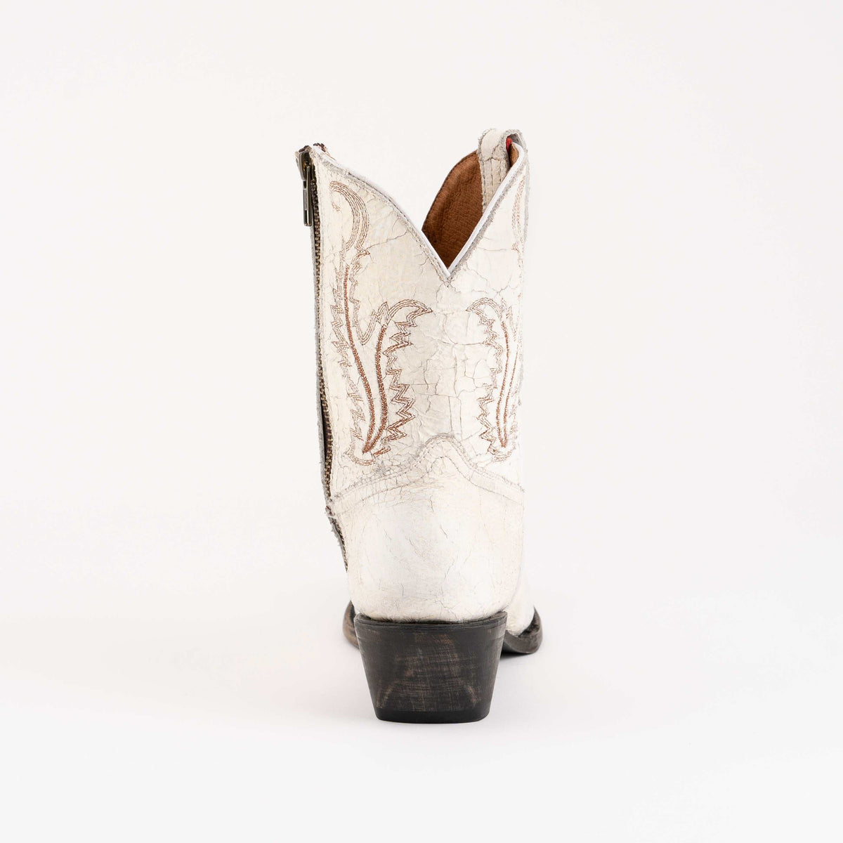 Women's Ferrini Molly Leather Booties in white leather with tan embroidered western stitching and a low black heel