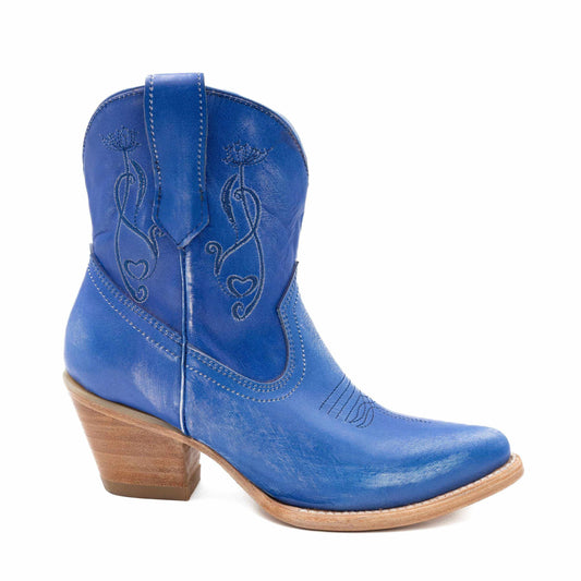 Women's Ferrini Pixie Leather Boots in electric blue leather, with heart embroidery, stitched shaft and curved cowboy heel
