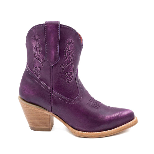 Women's Ferrini Pixie Leather Boots, purple leather cowboy boots with decorative heart stitching and a stacked heel