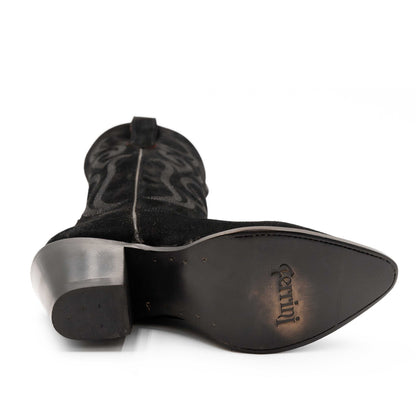 Women's Ferrini Quinn Leather Boots in black leather, featuring a pointed snip toe, stacked cowboy heel, and decorative stitched shaft