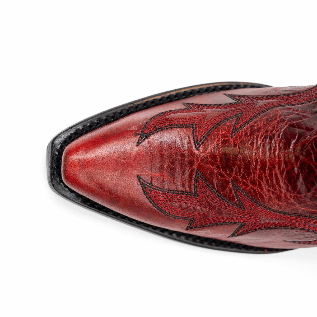 Women's Ferrini Scarlett Leather Boots in red leather with black stitched decorative pattern and a pointed snip toe