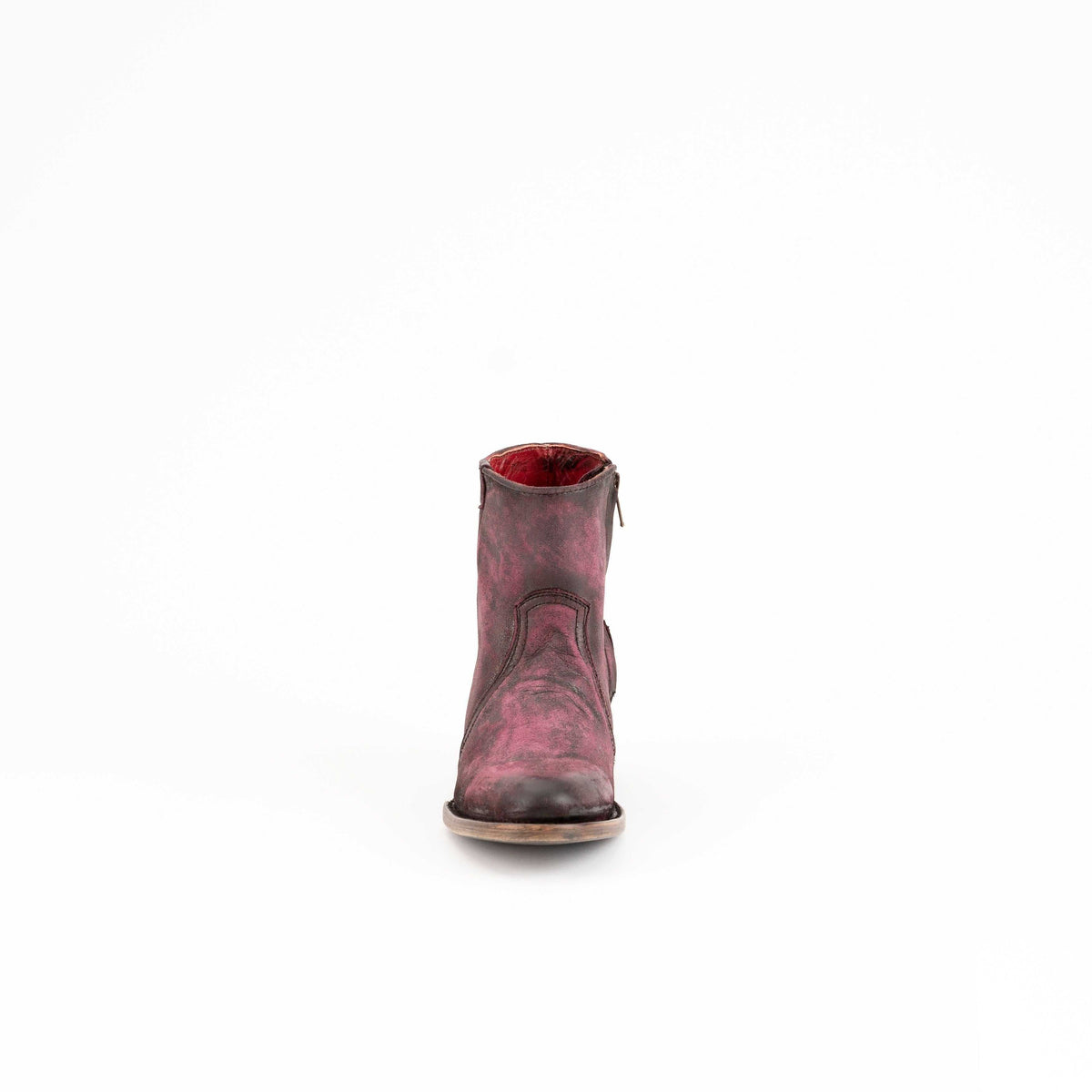Women's Ferrini Stacey ankle boot in distressed purple leather with a rounded toe, decorative stitching and cowboy heel
