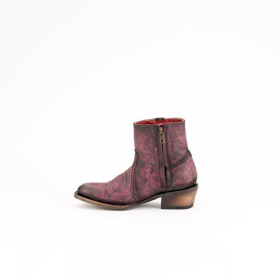 Women's Ferrini Stacey ankle boot in distressed purple leather, with a side zipper and low stacked cowboy heel.