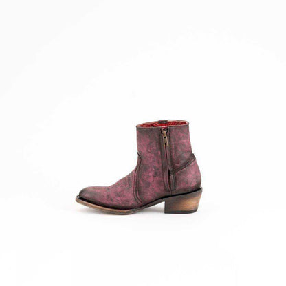 Women's Ferrini Stacey ankle boot in distressed purple leather, with a side zipper and low stacked cowboy heel.
