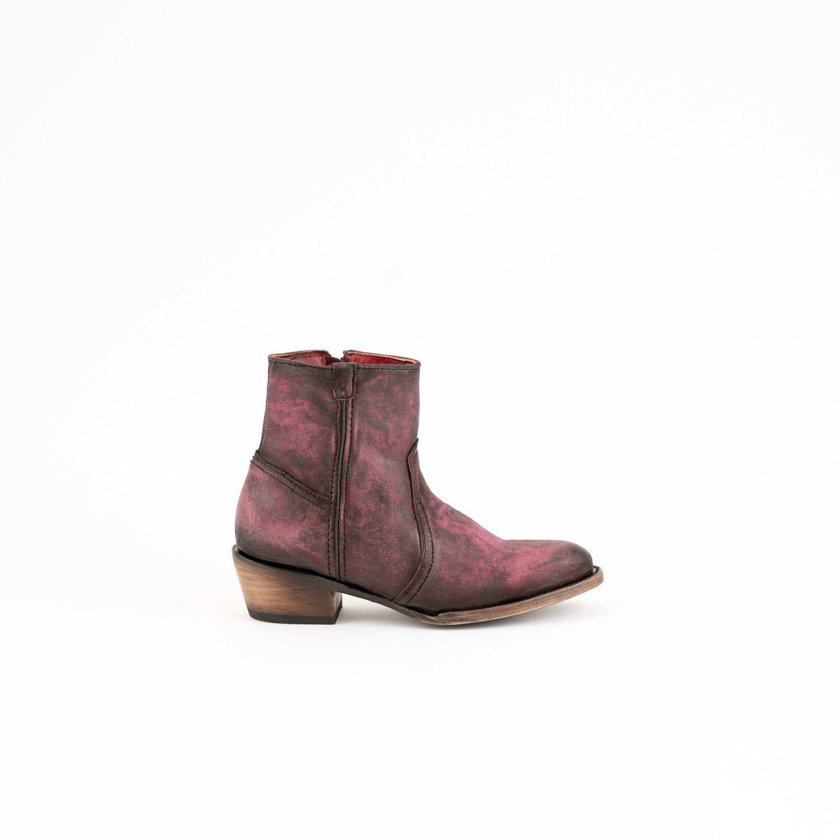 Women's Ferrini Stacey ankle boots in distressed purple leather with stitched panels, pointed toe and stacked cowboy heel