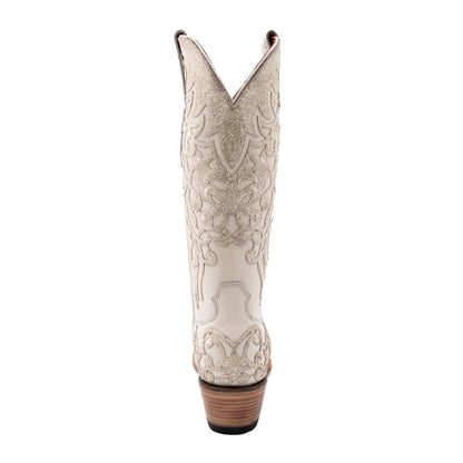 Women's Ferrini Starlight Leather Boots in ivory leather with ornate tonal embroidery and a stacked brown heel