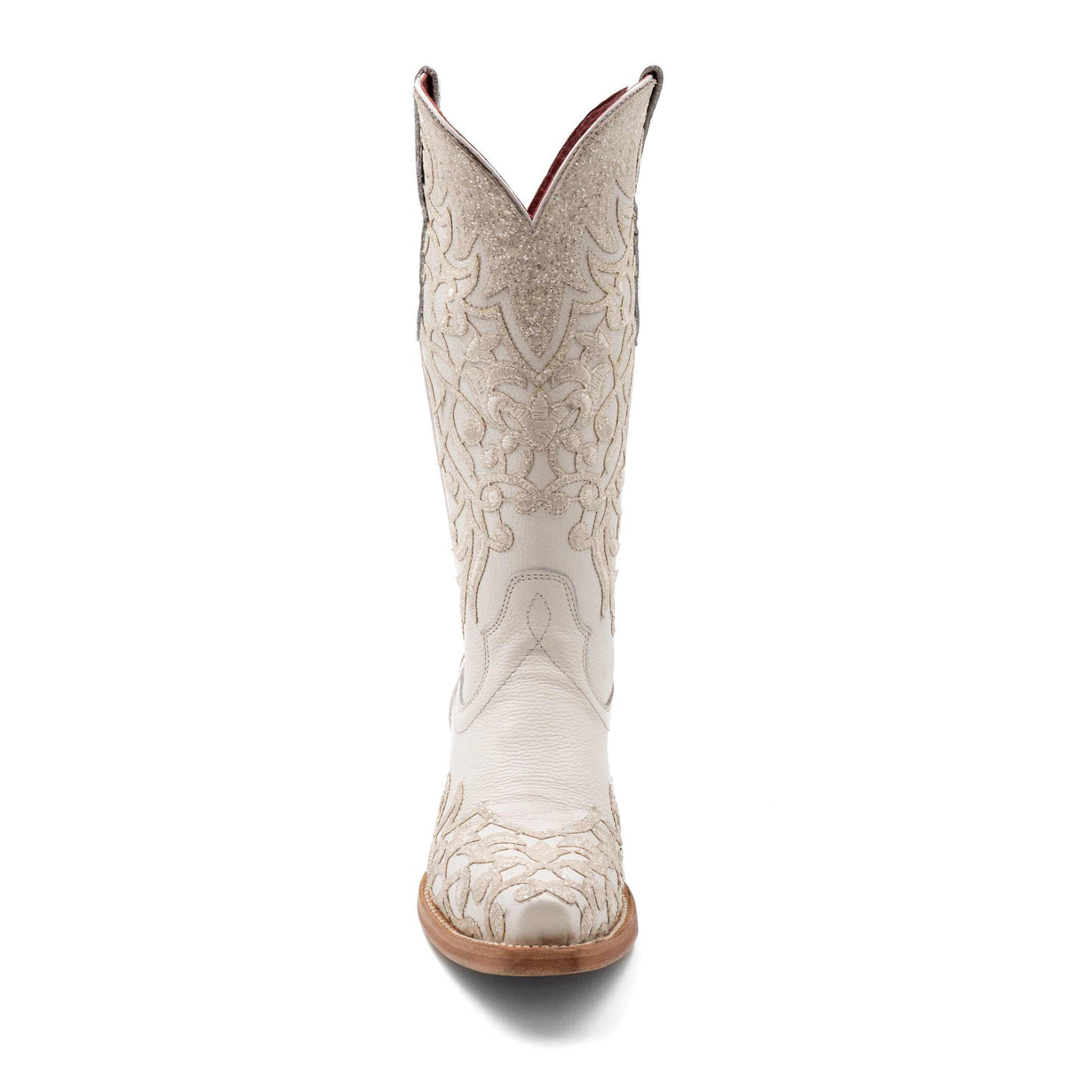 Women's Ferrini Starlight Leather Boots in ivory leather, with intricate stitched floral patterns, snip toe and brown sole