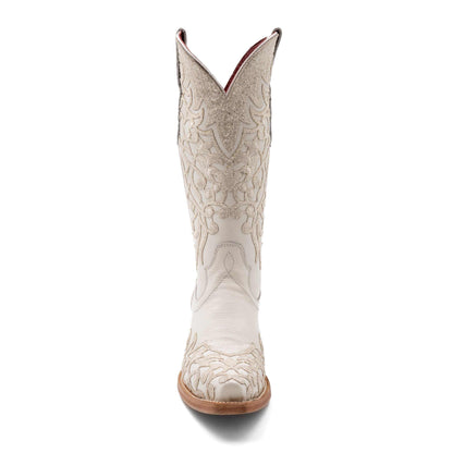 Women's Ferrini Starlight Leather Boots in ivory leather, with intricate stitched floral patterns, snip toe and brown sole