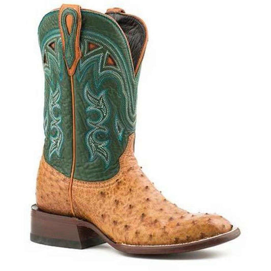 Women's Stetson Libby Ostrich Boots in tan ostrich leather with a moss green embroidered shaft and pointed toe