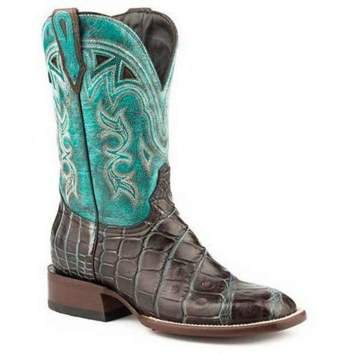 Women's Stetson Madrid Brown Alligator Boots with dark brown textured leather vamp and turquoise embroidered shaft