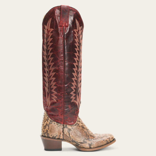 Women's Stetson Ruby Python Boots in tan patterned python leather with a tall ruby-red shaft and flame embroidery