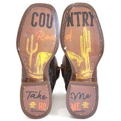 Women's Tin Haul Boots with brown leather soles, colorful country road graphics, cactus art, and decorative lettering