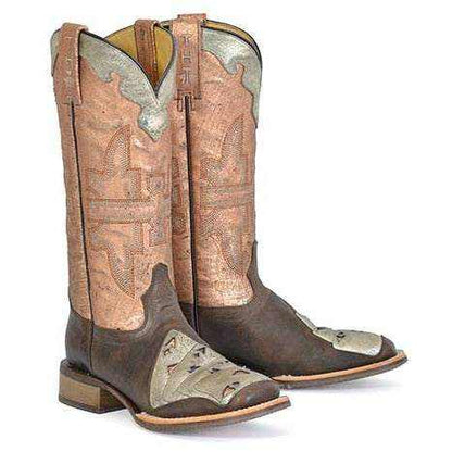 Women's Tin Haul Boots in brown leather with tan embroidered shafts, metallic silver toe accents and square toes