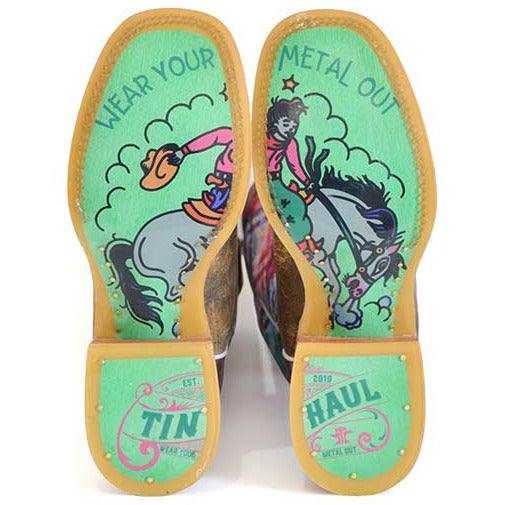 Women's Tin Haul Boots with tan leather soles, bright green panels, and colorful retro cowgirl illustrations and lettering