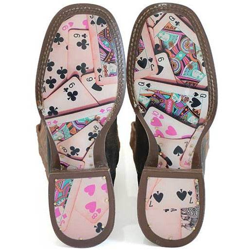 Women's Tin Haul Boots with brown leather soles featuring a colorful playing-card and poker-suit print