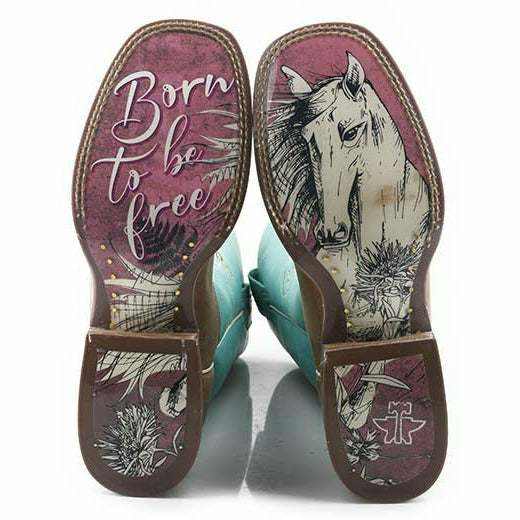 Women's Tin Haul Boots with turquoise leather sides and colorful soles featuring a horse, floral artwork and “Born to be Free” text