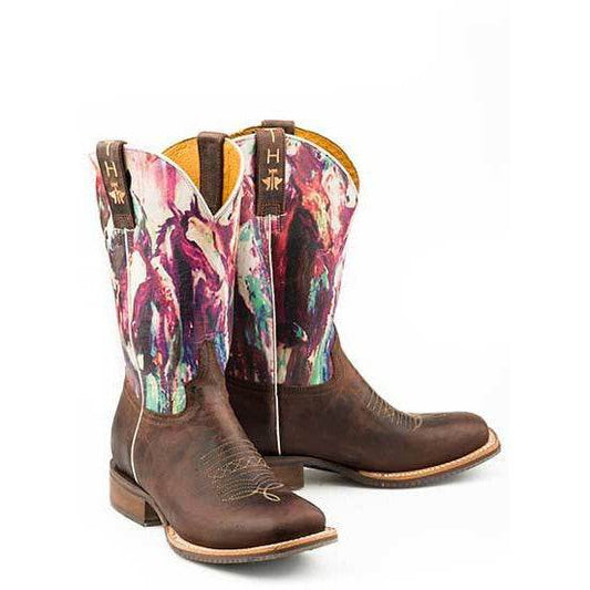 Women's Tin Haul cowboy boots with brown leather vamps and vivid multicolour horse-print shafts, square toes