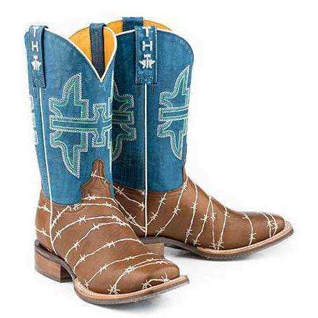 Women’s Tin Haul Hands Off Boots with distressed brown leather, royal blue shafts and white barbed-wire stitching