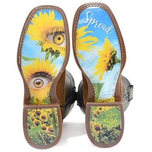 Women's Tin Haul Petals Boots with brown leather soles, vivid blue and yellow sunflower artwork, and eye motifs