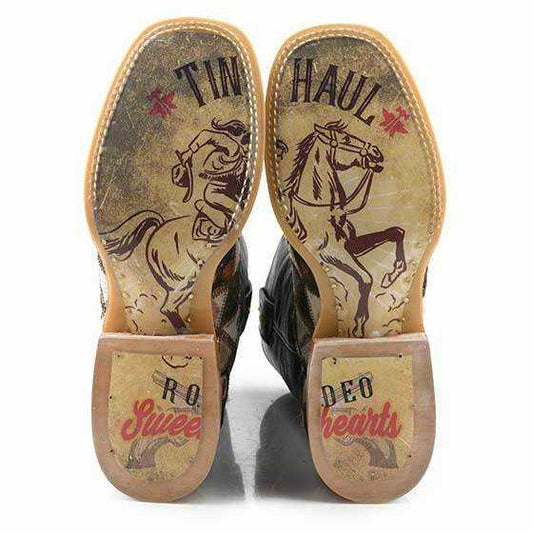 Women's Tin Haul Shaggy Diamonds Boots with tan leather soles, vintage cowboy artwork, red lettering and block heels