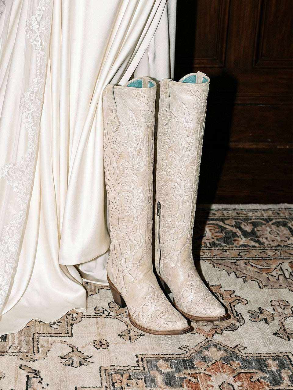 Women's Corral Beige Genuine Leather Boots with Glitter Overlay & Embroidery, tall cream boots with ornate floral embroidery and snip toes