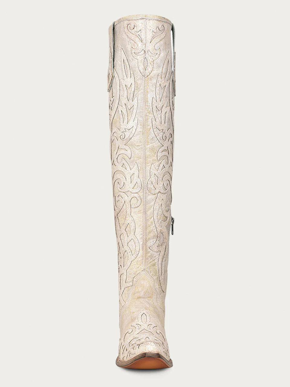 Women's Corral Beige Genuine Leather Boots with Glitter Overlay & Embroidery, tall Western shaft with ornate floral stitching