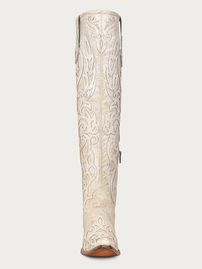 Women's Corral Beige Genuine Leather Boots with Glitter Overlay & Embroidery, tall Western shaft with ornate floral stitching