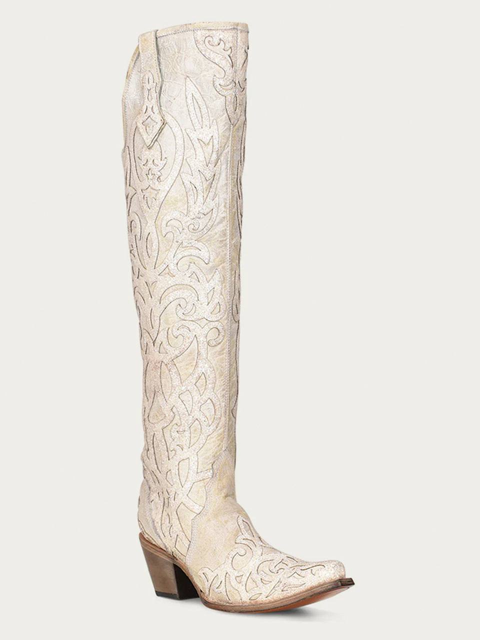 Women's Corral Beige Genuine Leather Boots with Glitter Overlay & Embroidery Tall Top