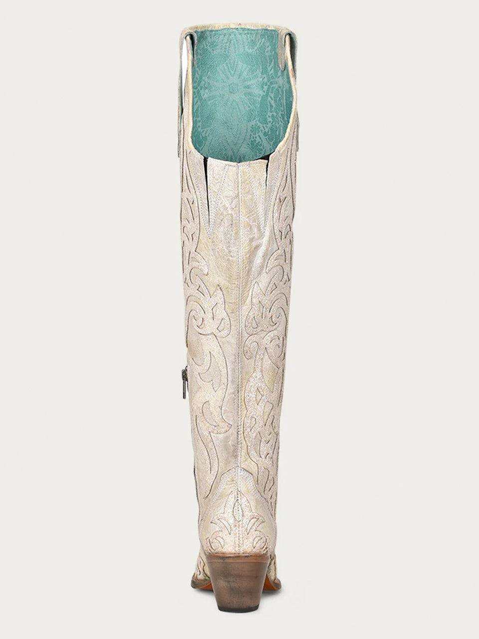 Women's Corral Beige Genuine Leather Boots with Glitter Overlay & Embroidery, tall beige leather shaft with ornate floral embroidery