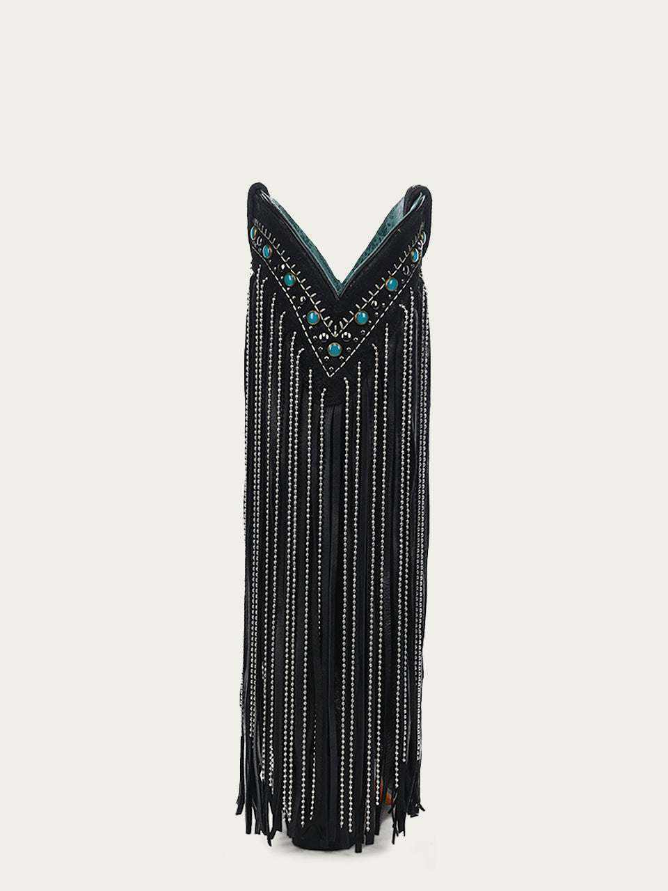 Women's Corral Black Boots with Embroidery & Crystal in black leather, with turquoise accents and long beaded fringe.