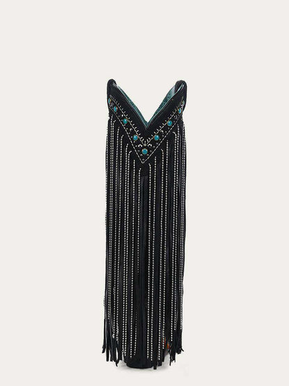 Women's Corral Black Boots with Embroidery & Crystal in black leather, with turquoise accents and long beaded fringe.