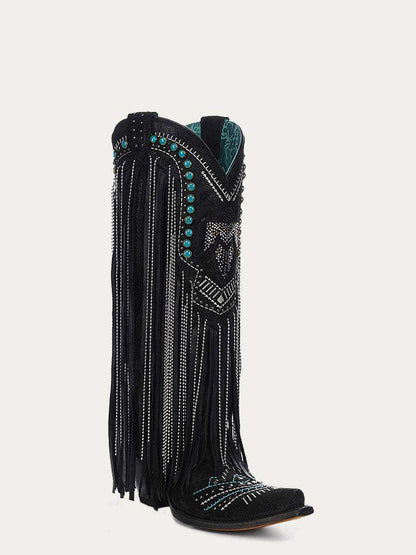 Women's Corral Black Boots with Embroidery & Crystal in black leather, with turquoise accents, silver studs and long fringe.