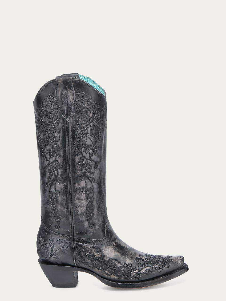 Women's Corral Black Genuine Leather Boots with Bone Floral Embroidery, tall black leather boots with ornate floral tooling
