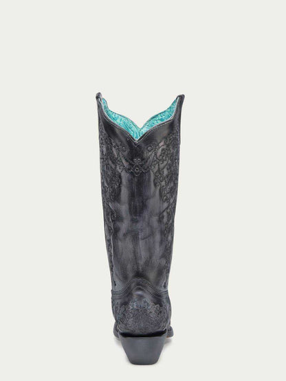 Women's Corral Black Genuine Leather Boots with Bone Floral Embroidery, tall black leather boot with ornate floral detailing