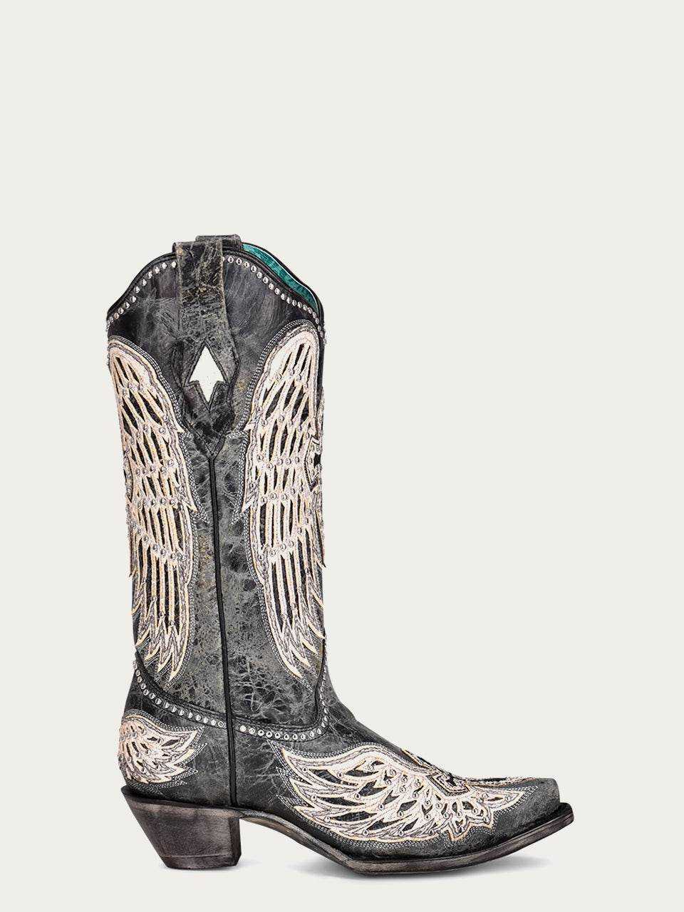 Women's Corral Black Genuine Leather Boots with Cross & Wings Overlay & Studs, worn black leather with ivory wing embroidery and snip toe