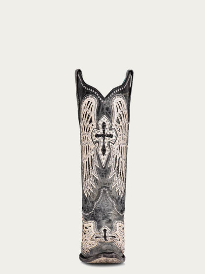 Women's Corral Black Genuine Leather Boots with Cross & Wings Overlay & Studs, worn black leather with ivory wings, crosses and studs
