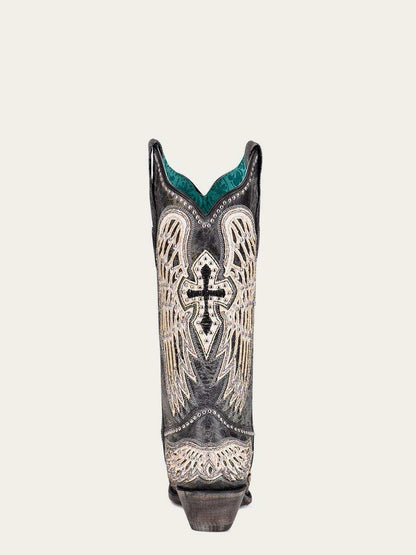 Women's Corral Black Genuine Leather Boots with Cross & Wings Overlay & Studs, black leather western boot with ivory wing embroidery, studs, and turquoise lining