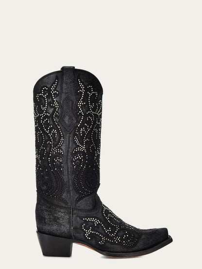 Women's Corral Black Genuine Leather Boots with Embroidery & Crystals, black leather cowboy boot with ornate studded detailing